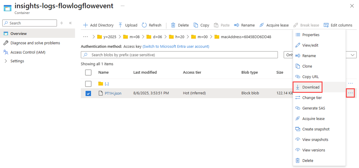 Screenshot showing how to download virtual network flow log data from the storage account in the Azure portal.