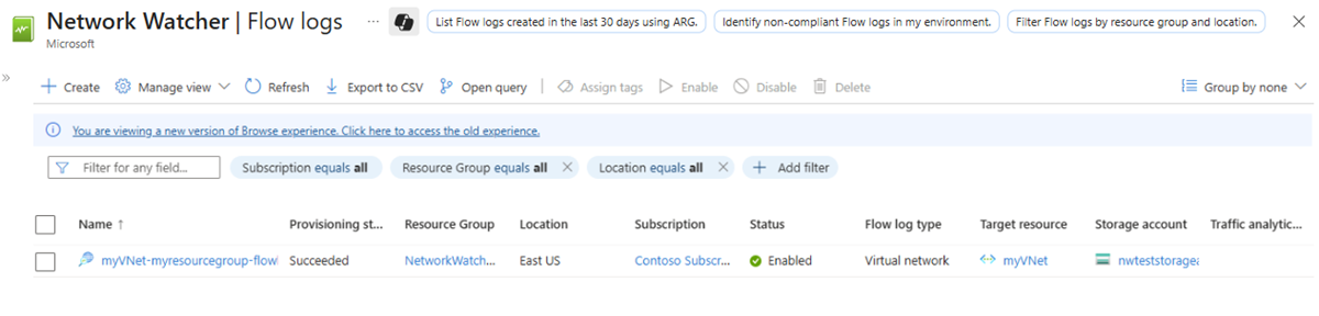 Screenshot of Flow logs page in the Azure portal showing the newly created flow log.