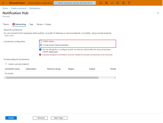Screenshot of notification hub creation page on portal showing private link option.