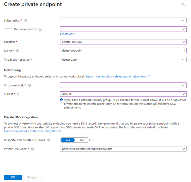 Screenshot of notification hub private endpoint creation page.