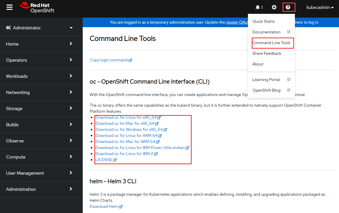 Screenshot that highlights the Command Line Tools option in the list when you select the question mark icon.