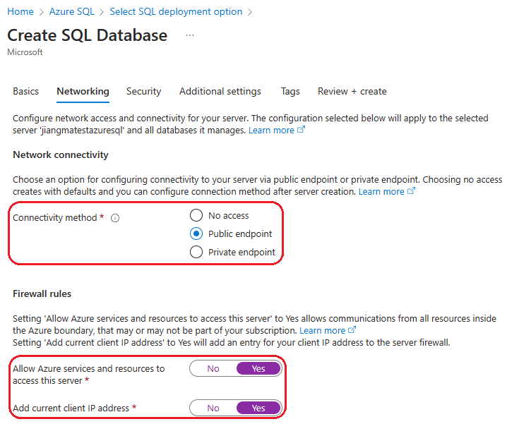 Screenshot of the Azure portal that shows the Networking tab of the Create SQL Database page with the Connectivity method and Firewall rules settings highlighted.