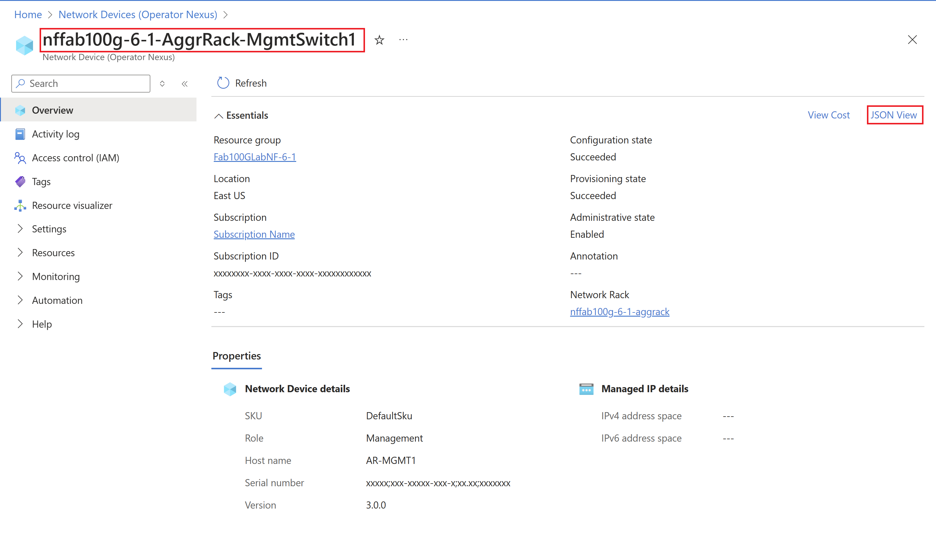 Screenshot of Azure portal showing the overview of the network device.