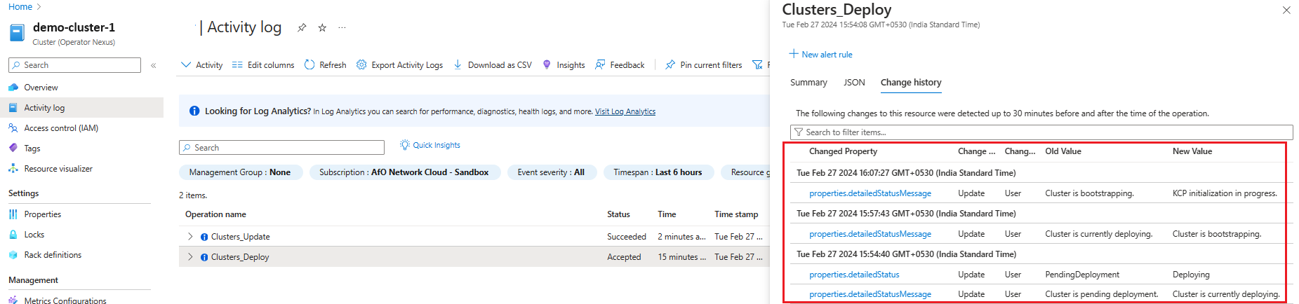 Screenshot of Azure portal showing cluster deploy progress activity log.