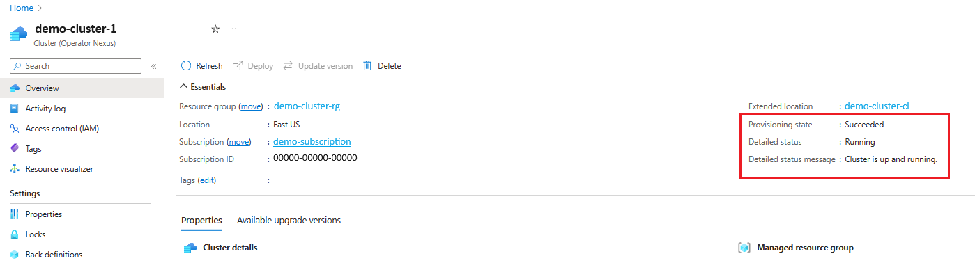 Screenshot of Azure portal showing Cluster deploy complete.