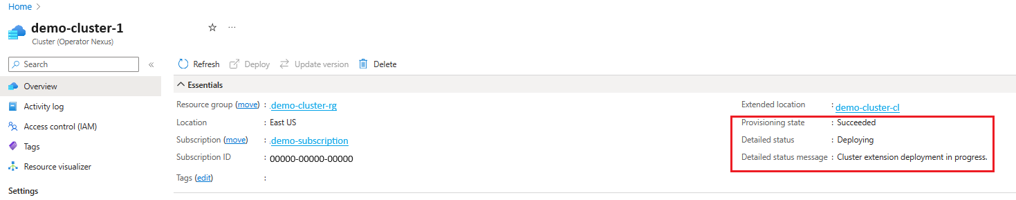 Screenshot of Azure portal showing Cluster deploy progress extension application.