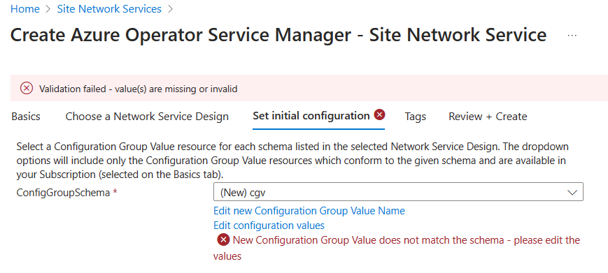 Screenshot of the portal where there's an error message because the configuration group values don't match the configuration group schema.