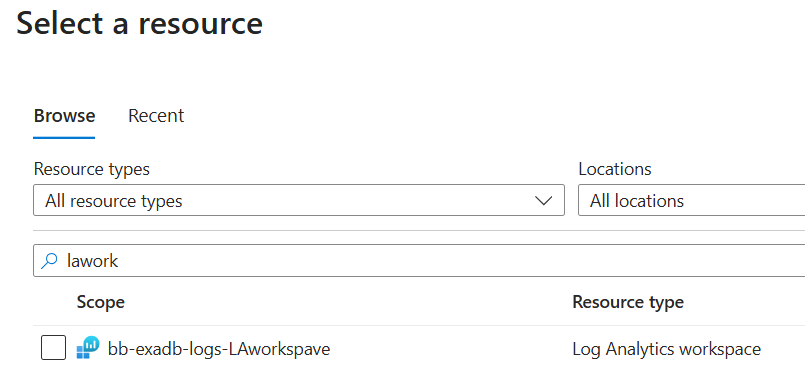 Screenshot of selecting Log Analytics workspace as target resource in Azure Monitor alerts.
