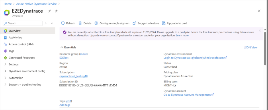 Screenshot of Azure Native Dynatrace service interface.