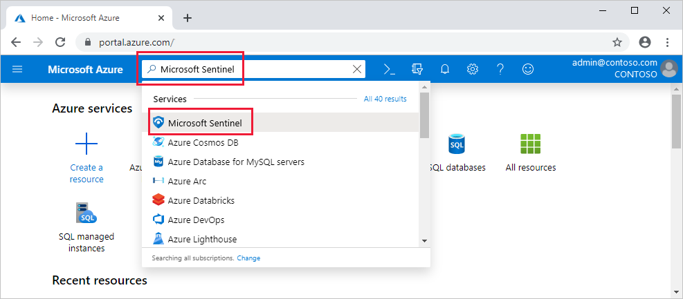 Screenshot of searching for Microsoft Sentinel in the Azure portal.