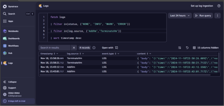 Screenshot of Dynatrace log query and results.
