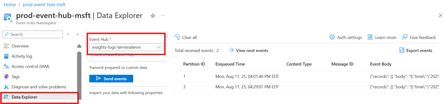 Screenshot of Event Hubs Data Explorer showing events.