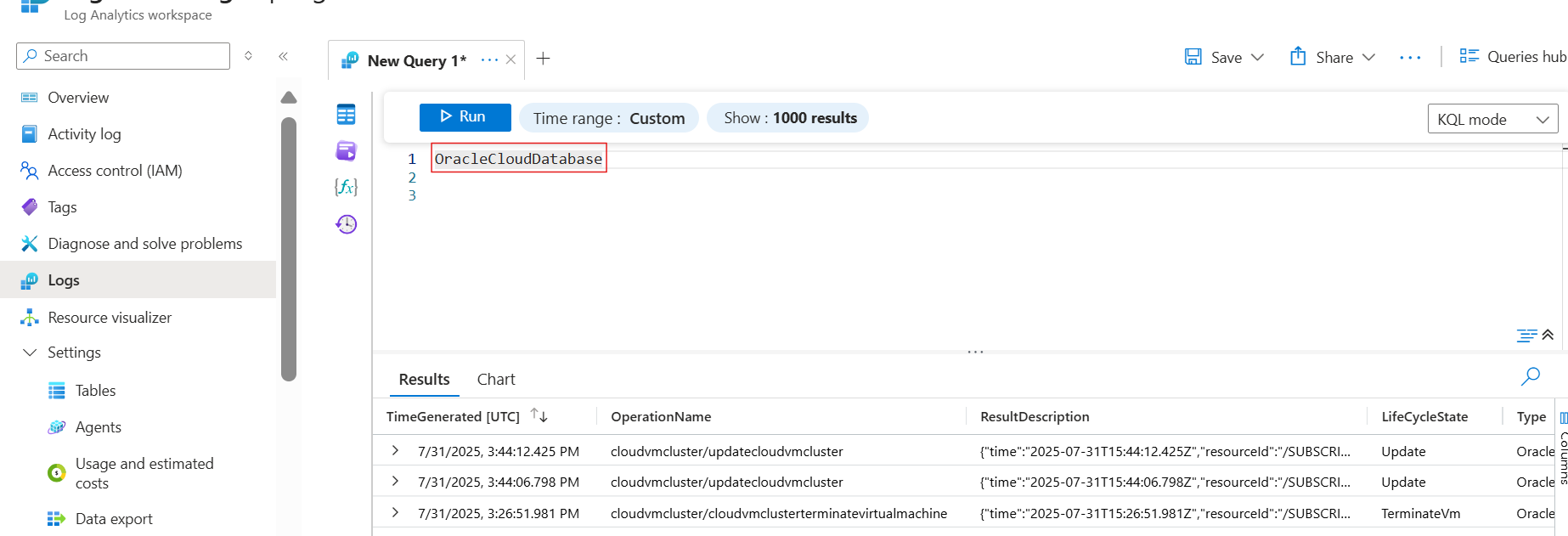 Screenshot of OracleCloudDatabase table results in Log Analytics.