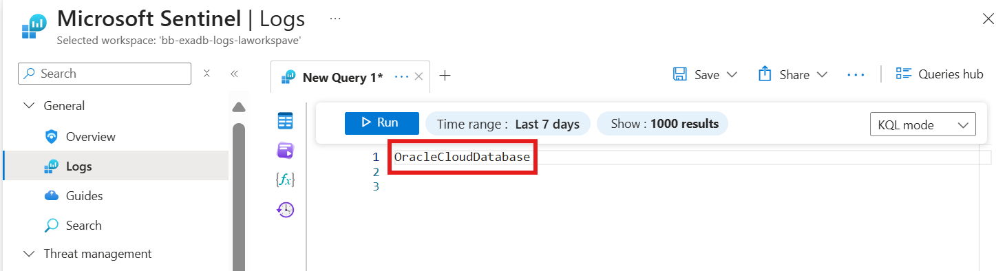 Screenshot of Microsoft Sentinel logs showing OracleCloudDatabase data.