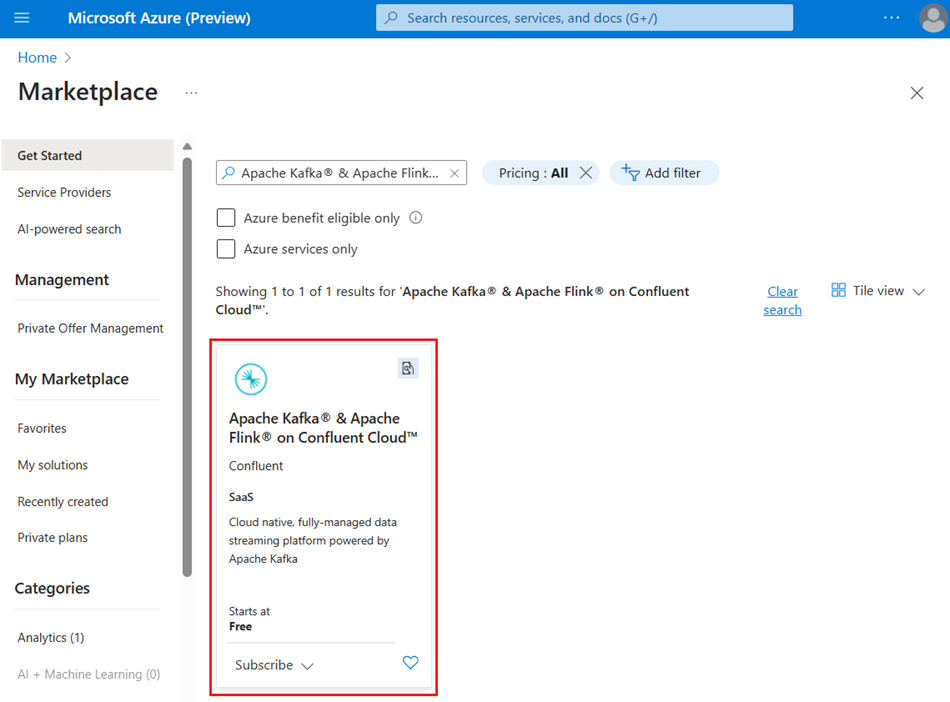 Screenshot that shows a search for an Azure Marketplace offer.