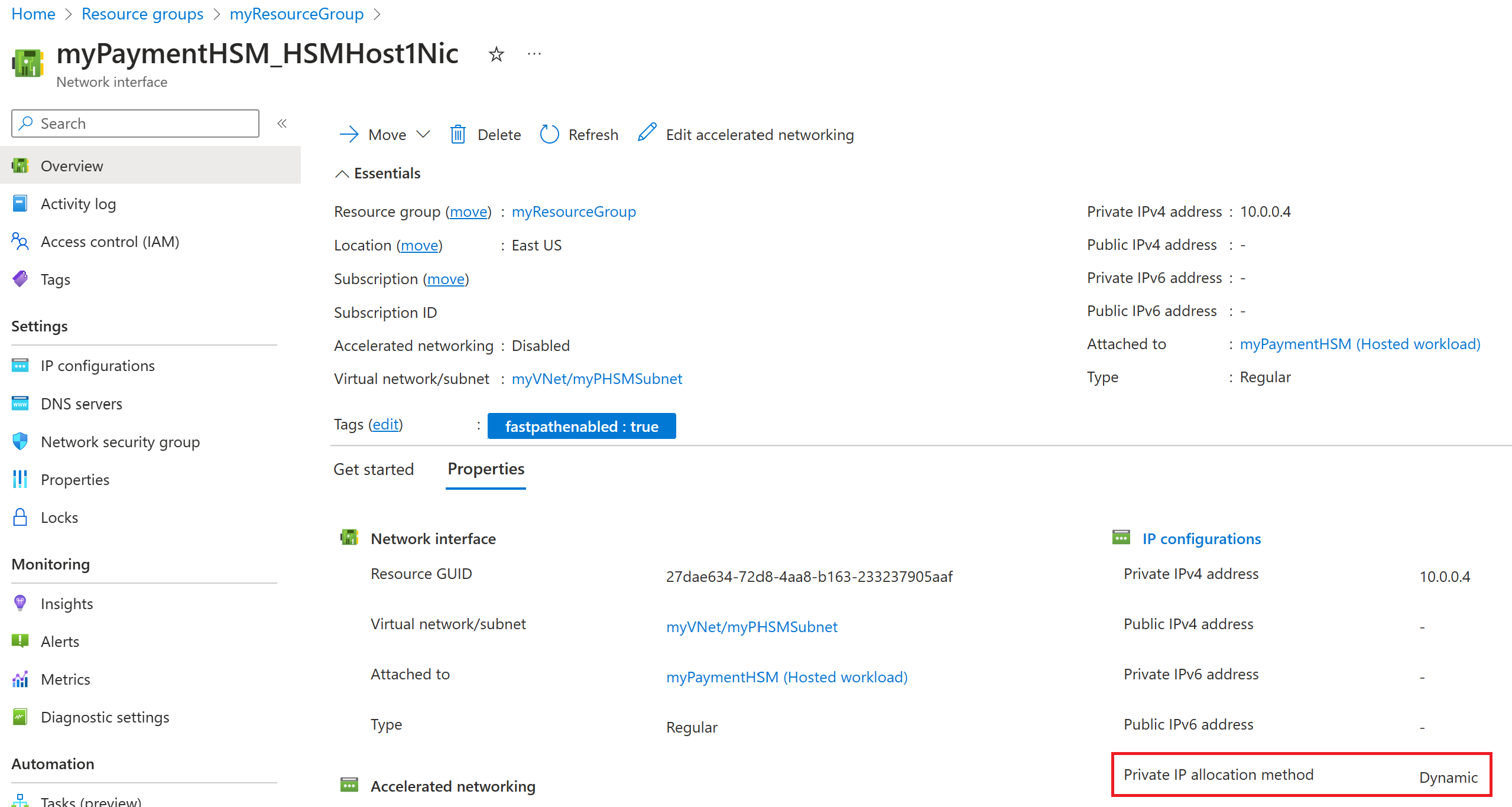 Azure portal screenshot showing a network interface with a private IP allocation method of 'dynamic'.