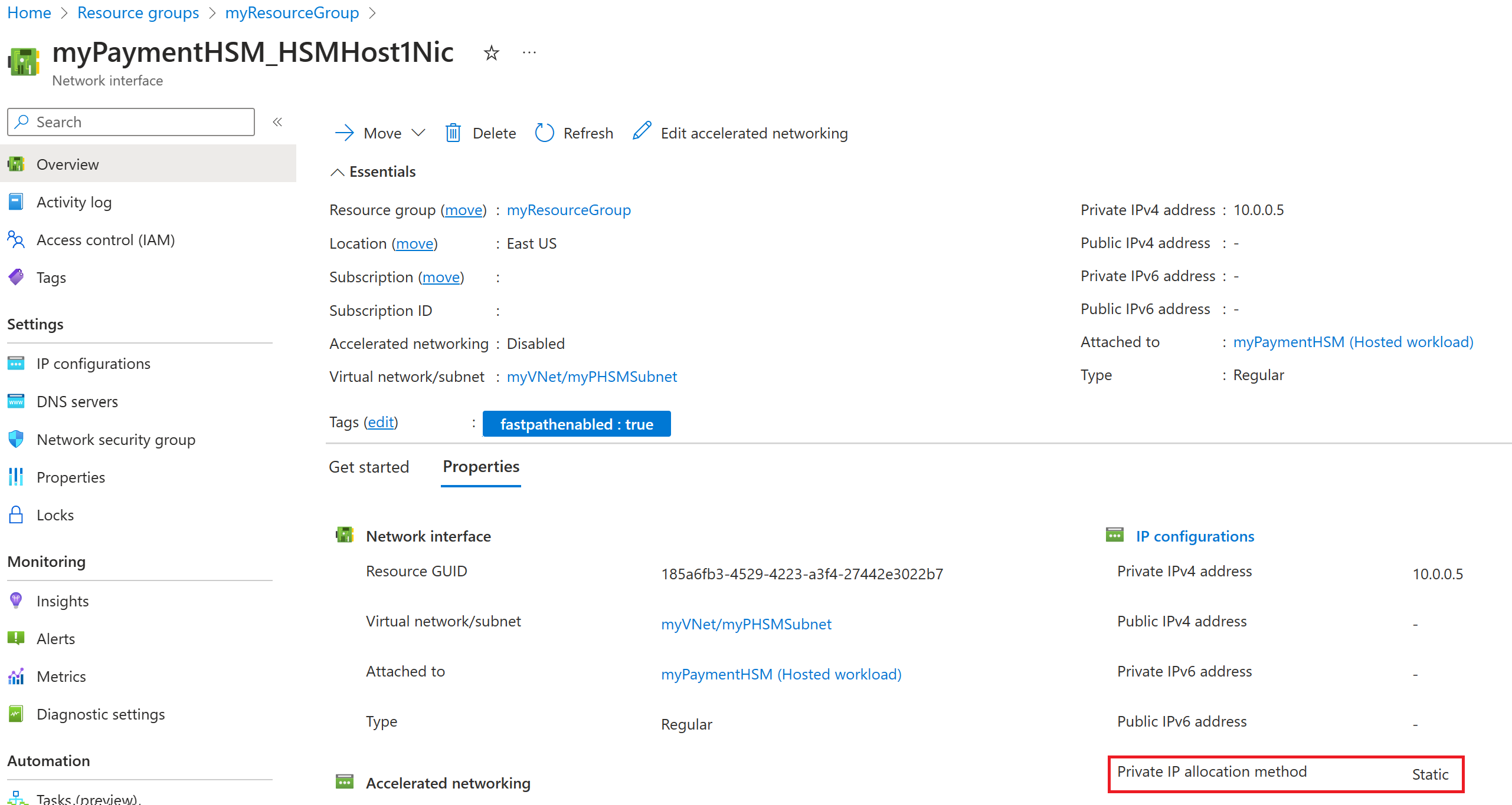 Azure portal screenshot showing a network interface with a private IP allocation method of 'static'.
