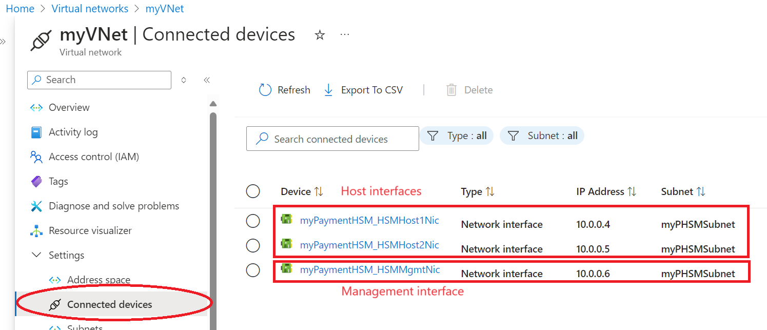 Screenshot of the Azure portal displaying the network interfaces associated with a virtual network.