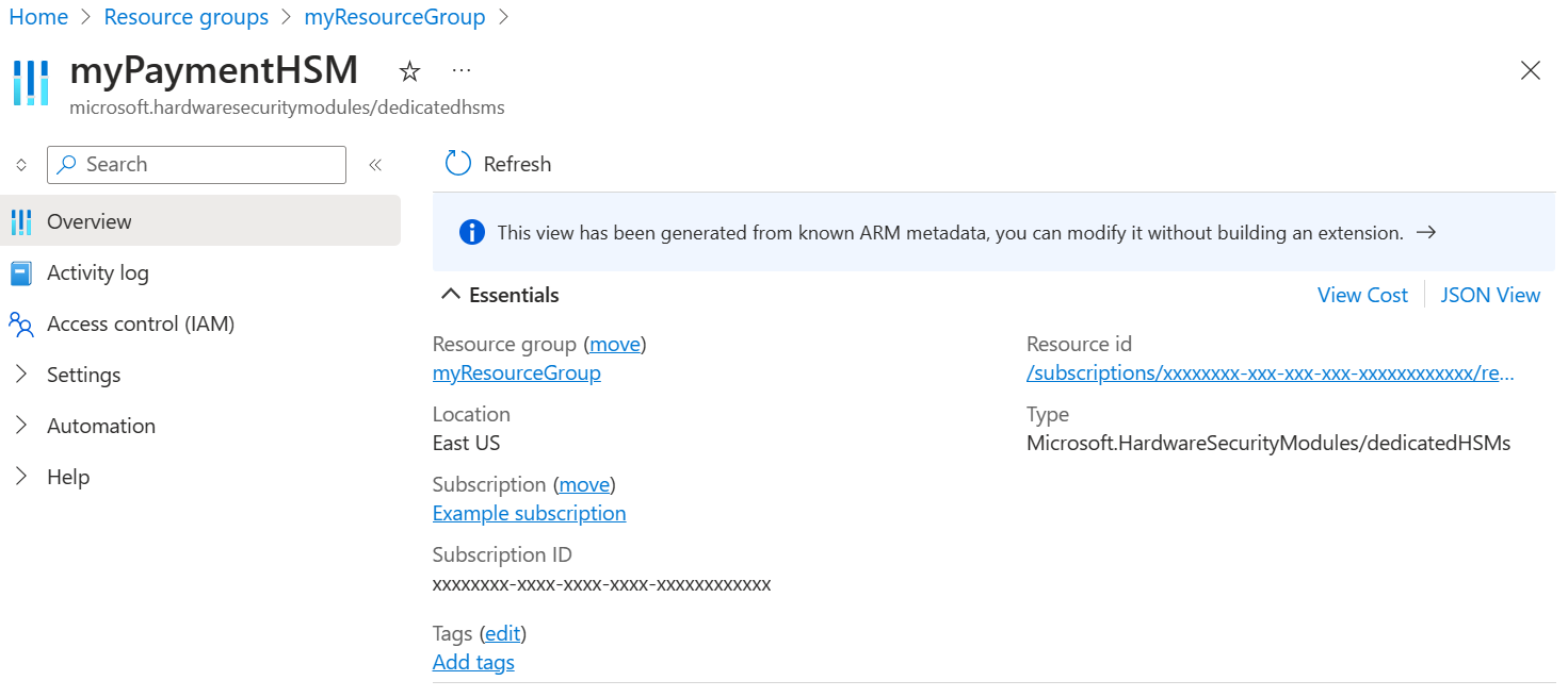Screenshot of the Azure portal displaying a specific payment HSM and its properties.