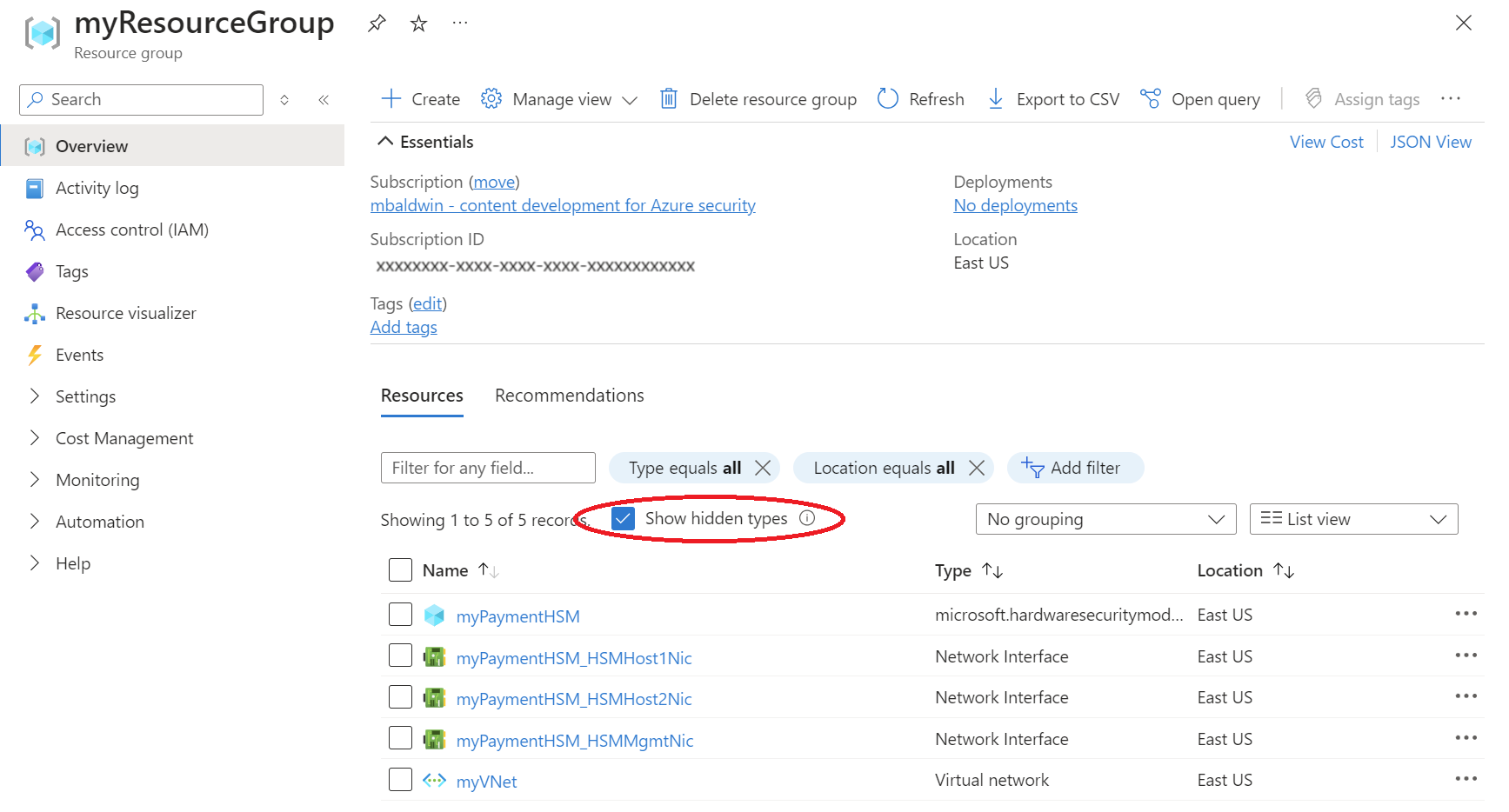 Screenshot of the Azure portal displaying all payment HSMs.