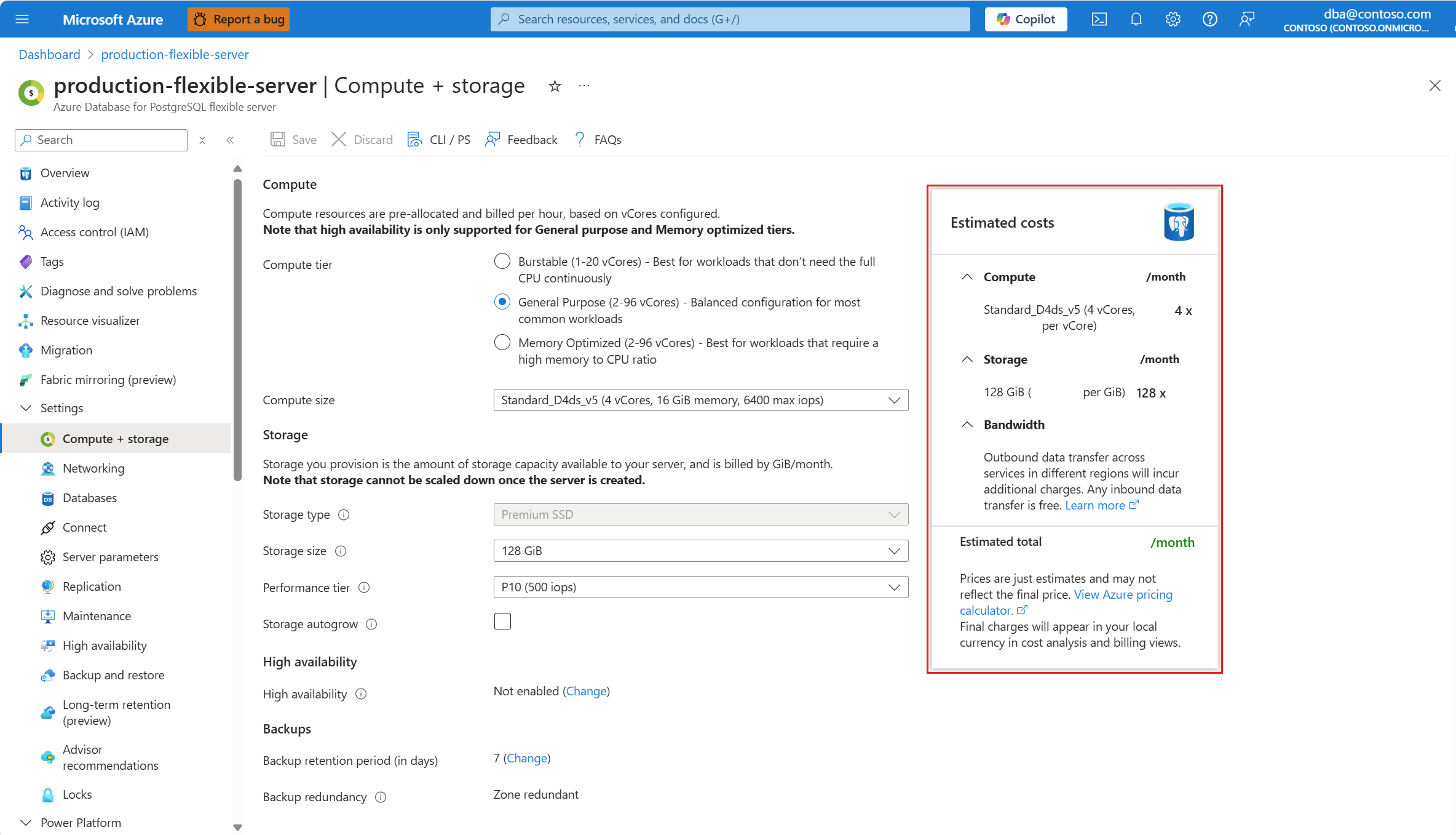 Screenshot that shows the estimated monthly costs in the Compute + storage page of an existing Azure Database for PostgreSQL flexible server instance.