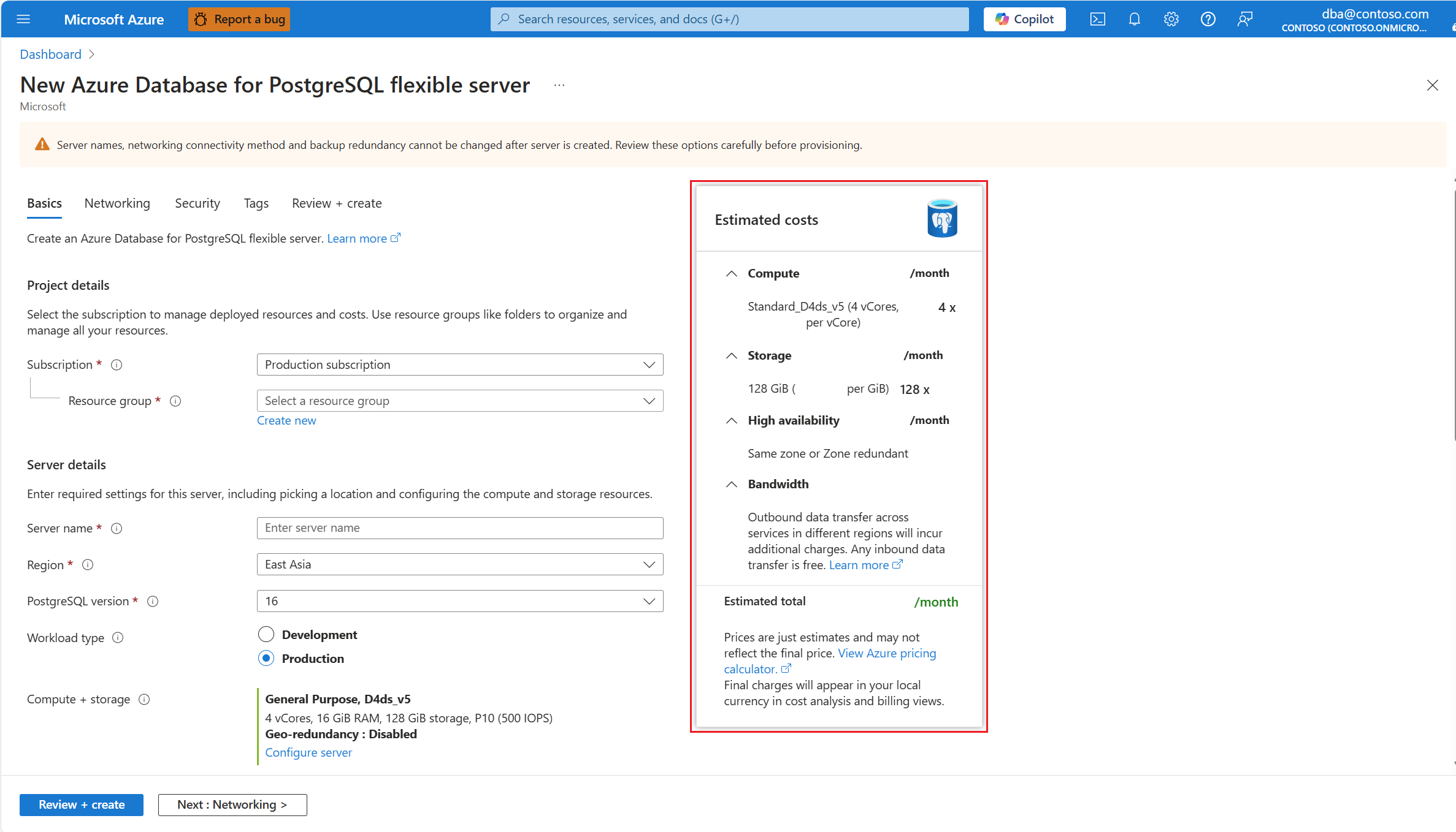 Screenshot that shows the estimated monthly costs in the New Azure Database for PostgreSQL Flexible server wizard.