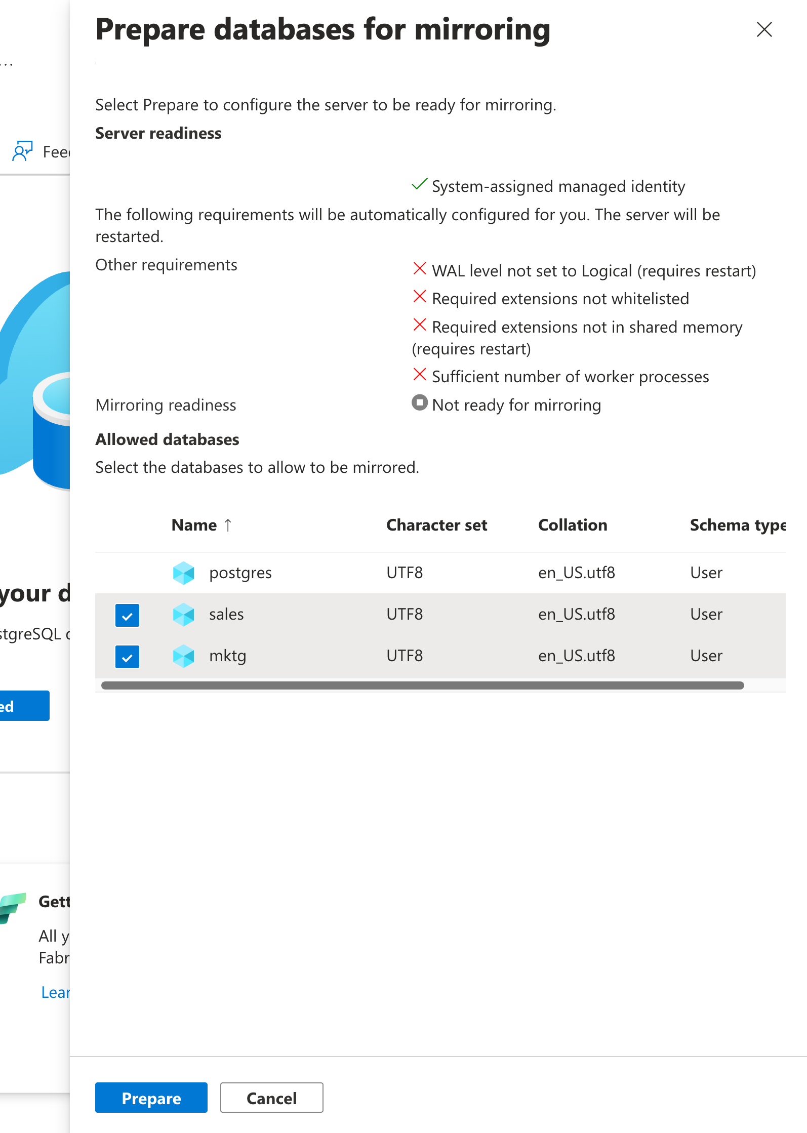 Screenshot showing New Fabric mirroring page in Azure portal for select databases.