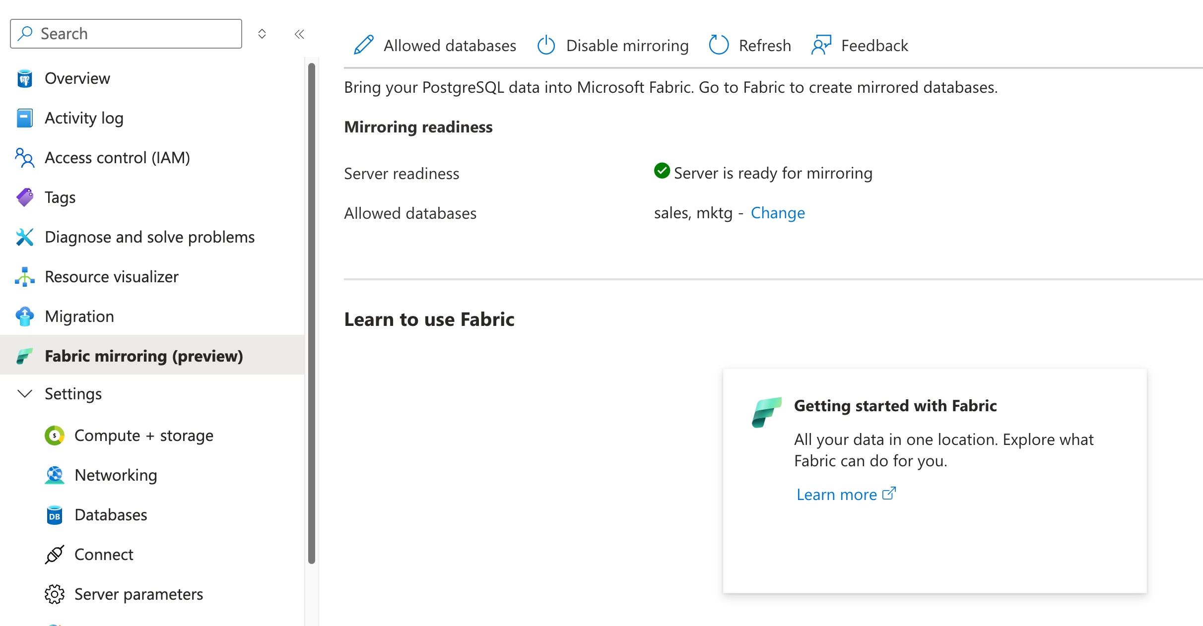 Fabric mirroring page showing server ready for mirroring.