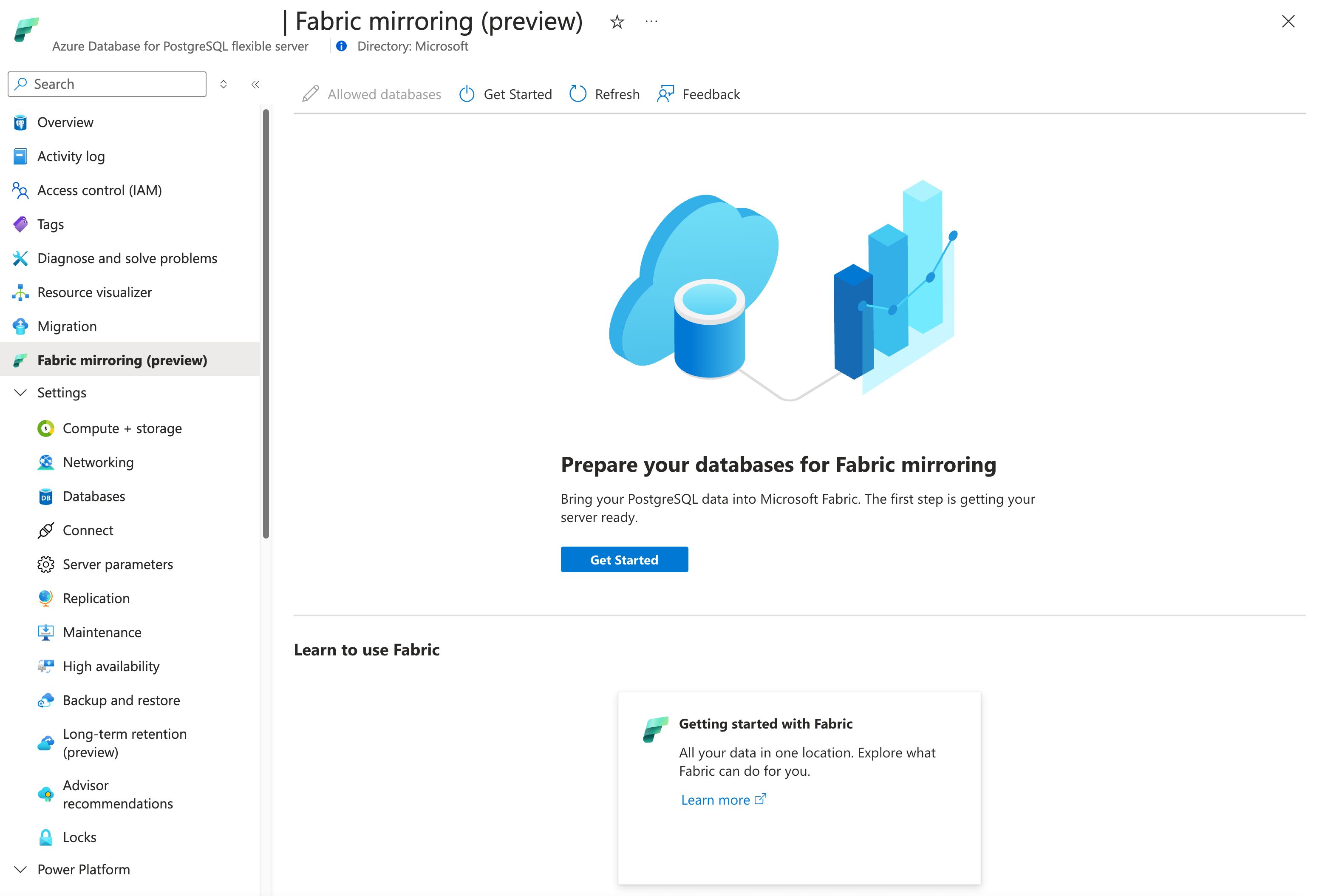Screenshot showing New Fabric mirroring page in Azure portal to start enablement.