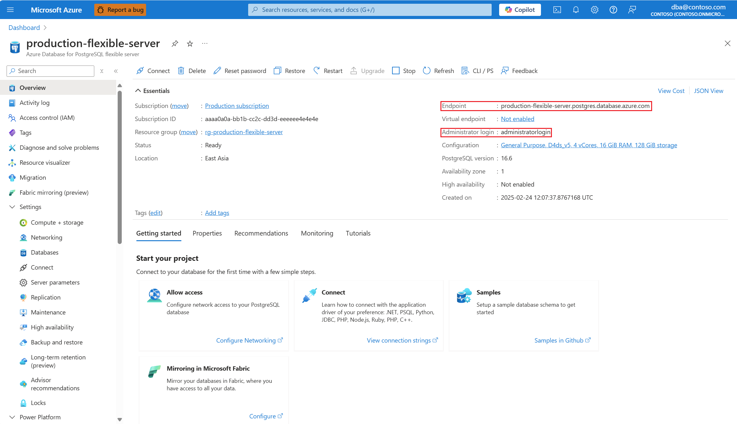 Screenshot showing the values of Endpoint and Administrator login in the Overview page.