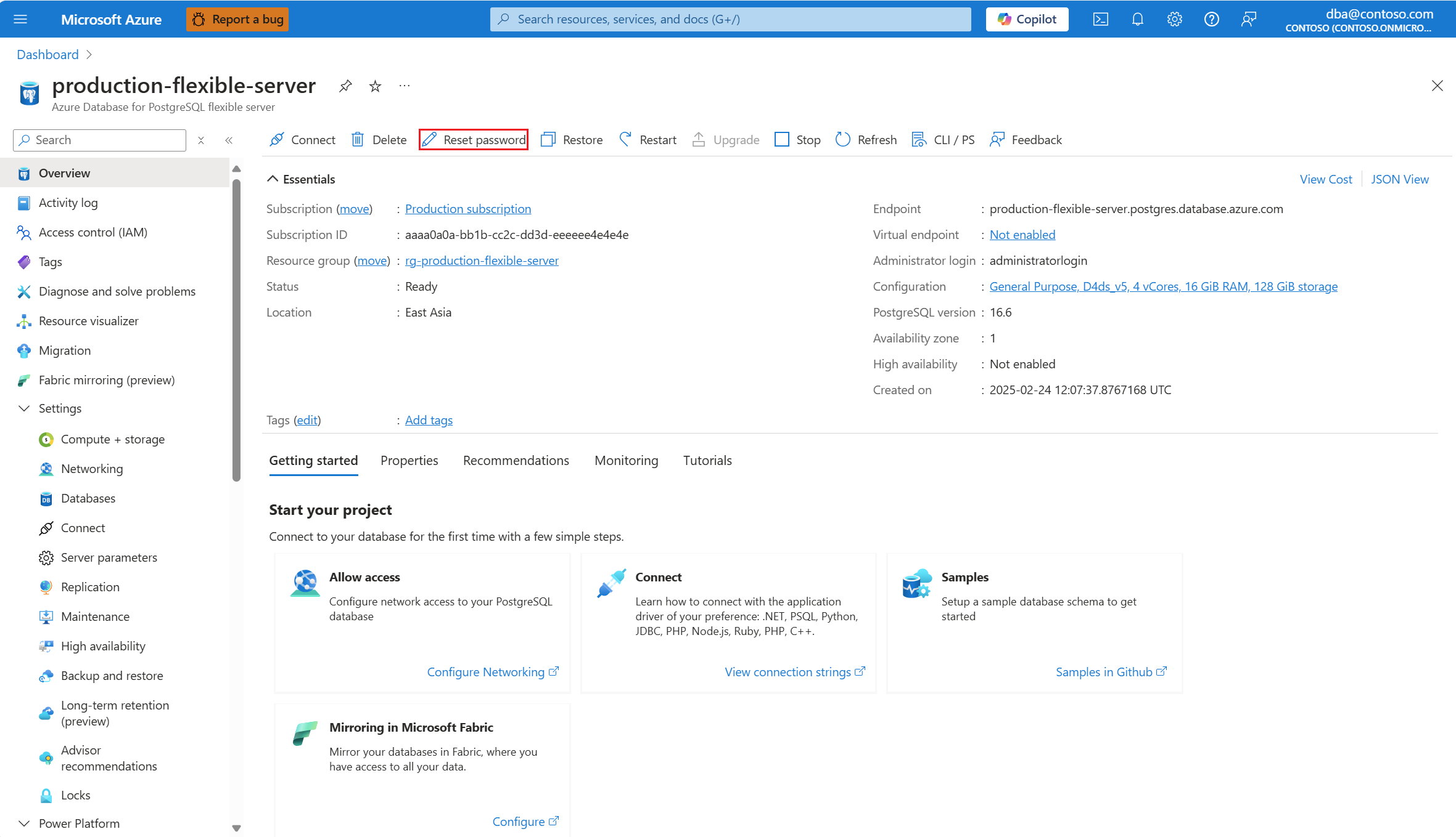 Screenshot showing the Reset password button in the Overview page.