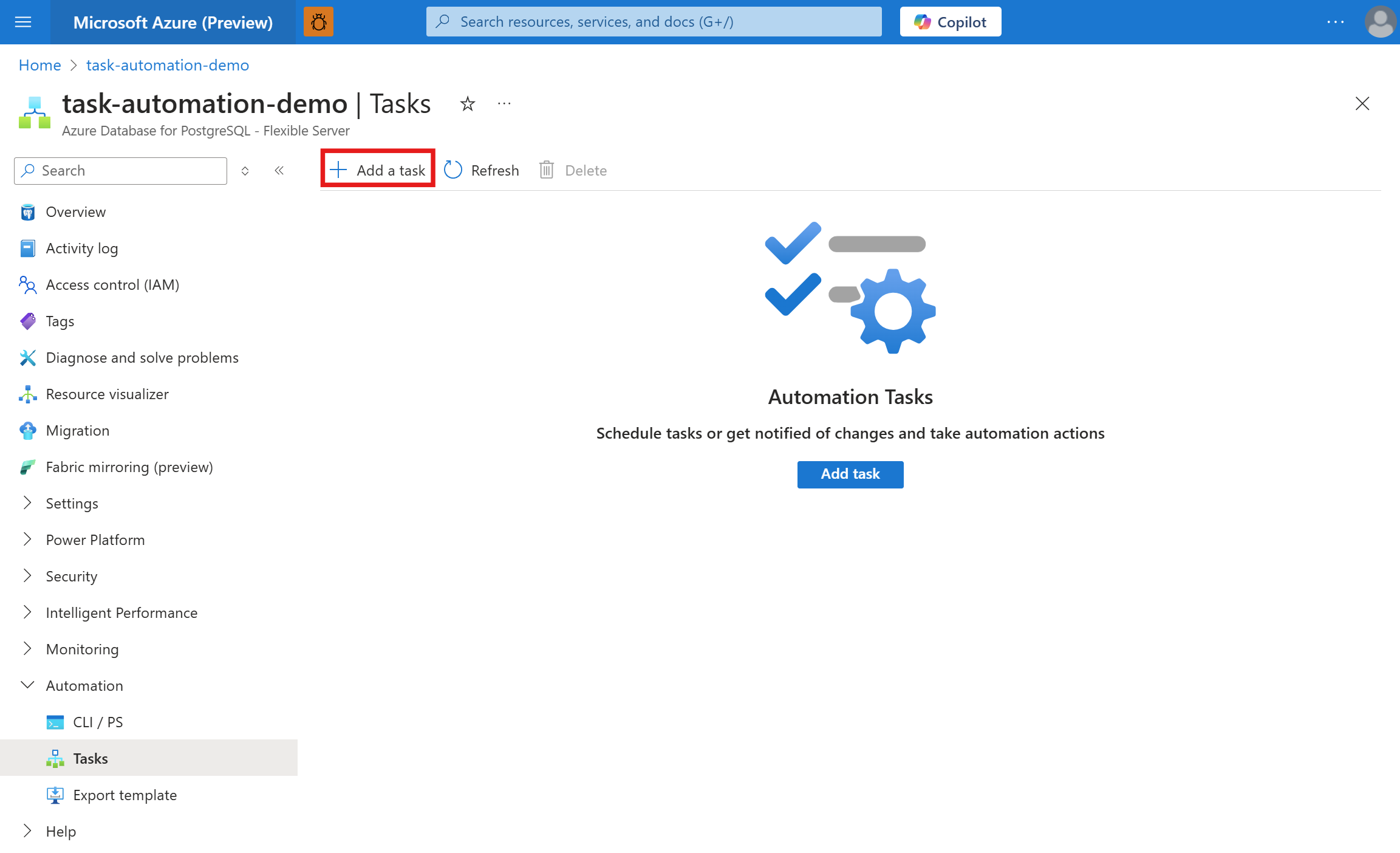 Screenshot that shows the 'Tasks' pane with 'Add a task' selected.