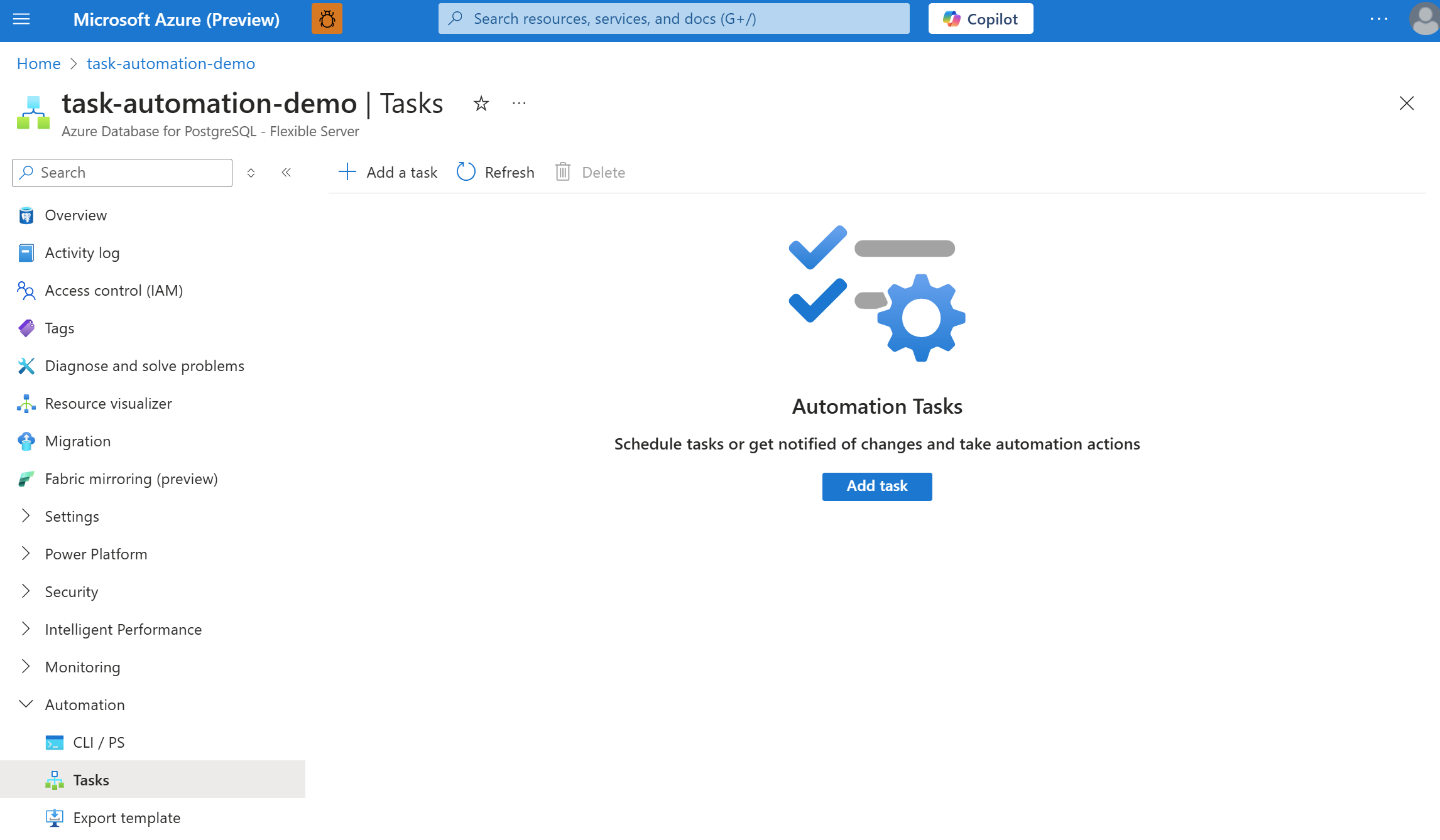 Screenshot showing Azure portal and Azure Database for PostgreSQL flexible server resource menu with 'Tasks' selected.