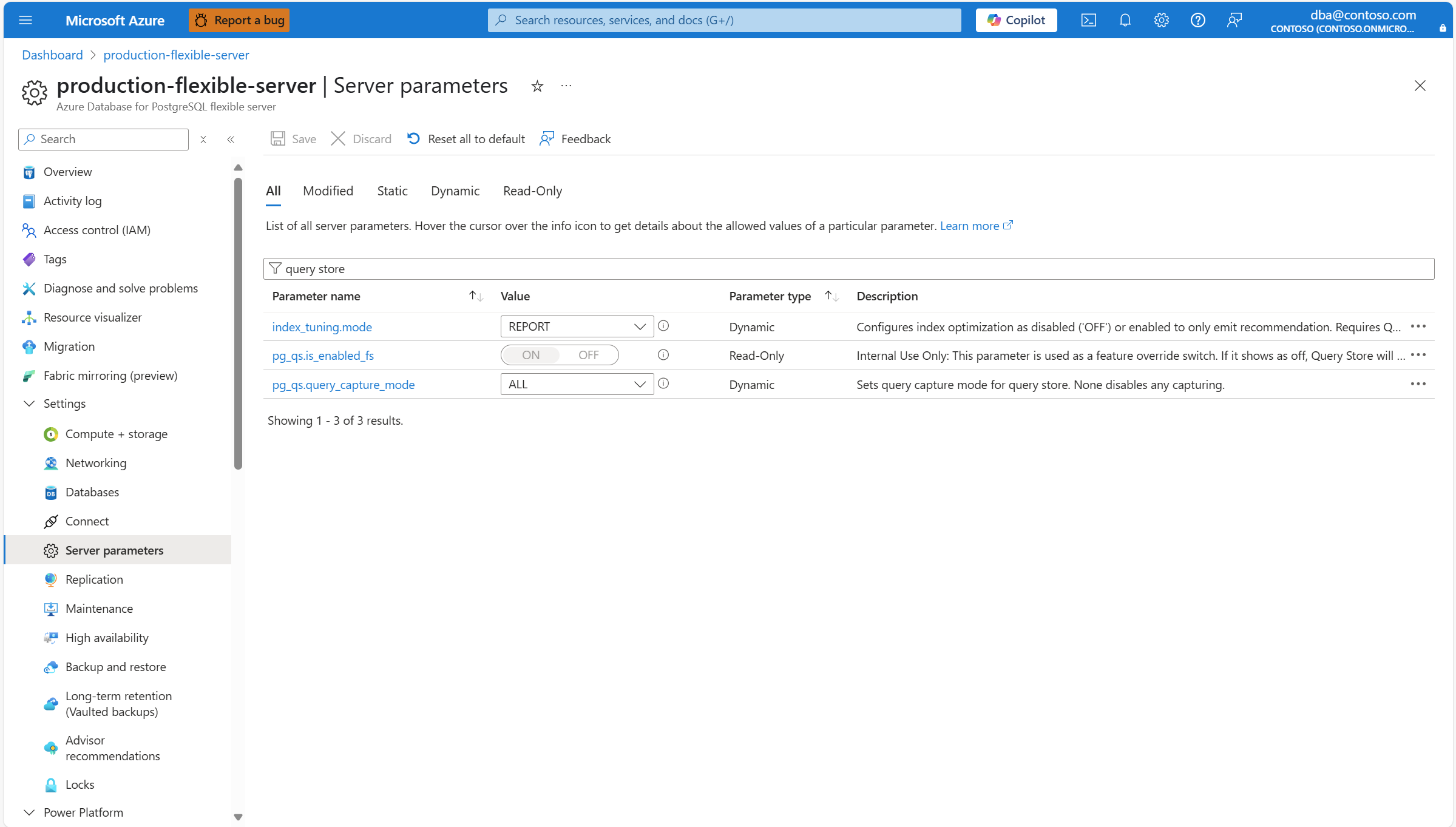 Screenshot that shows how to search in Server parameters page.