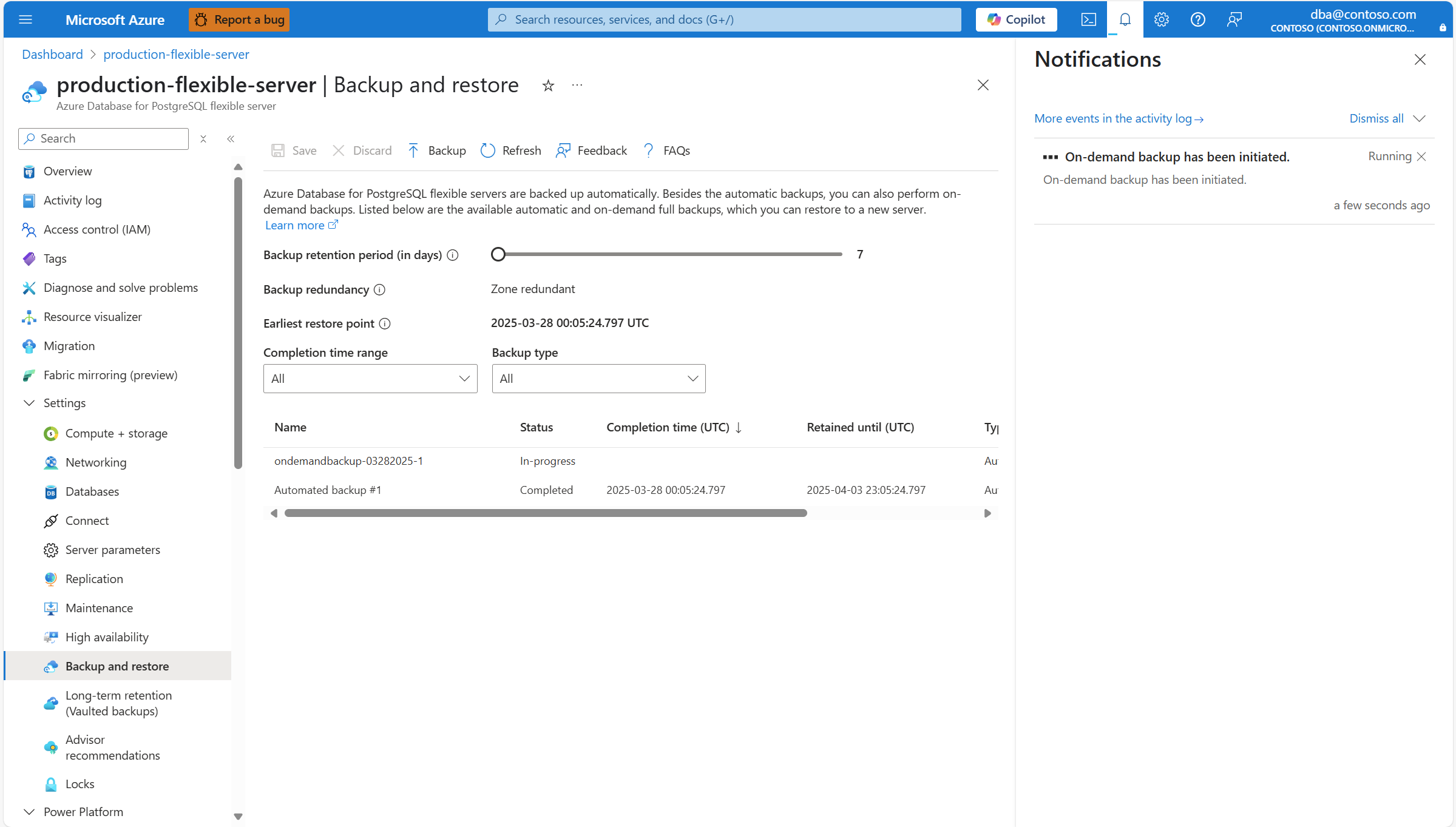 Screenshot showing the notification informing that on-demand backup is initiated.