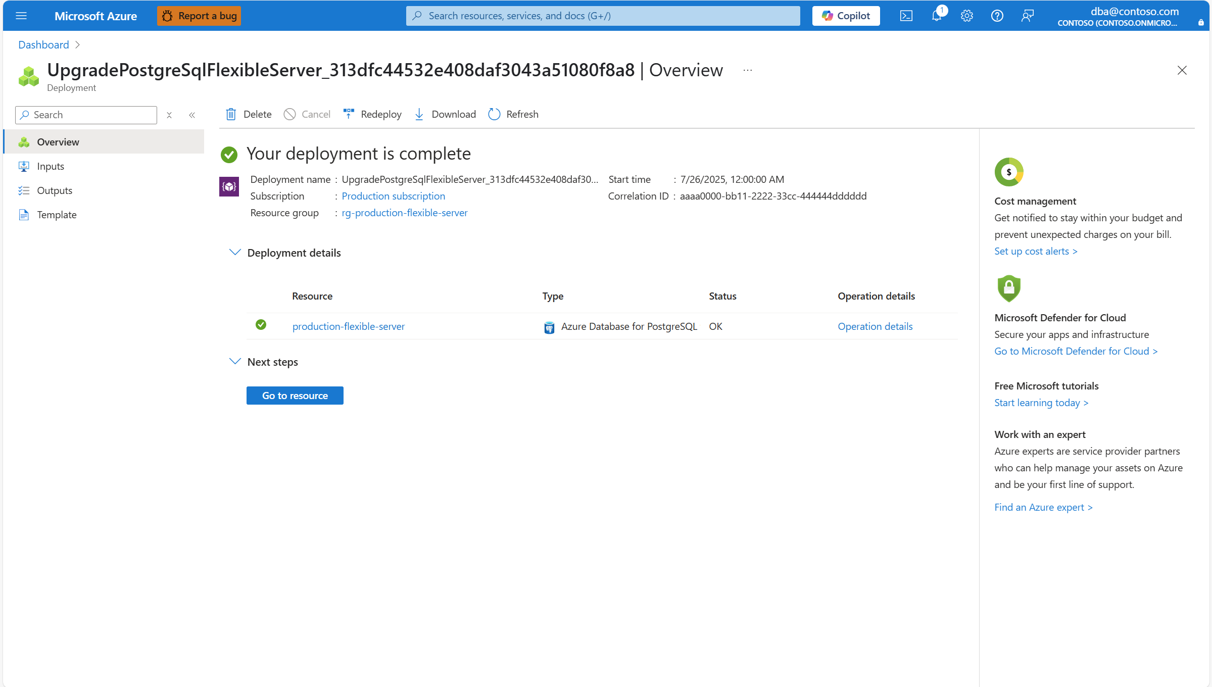 Screenshot showing the Go to resource button, through which you can access the Overview page of the upgraded Azure Database for PostgreSQL flexible server.