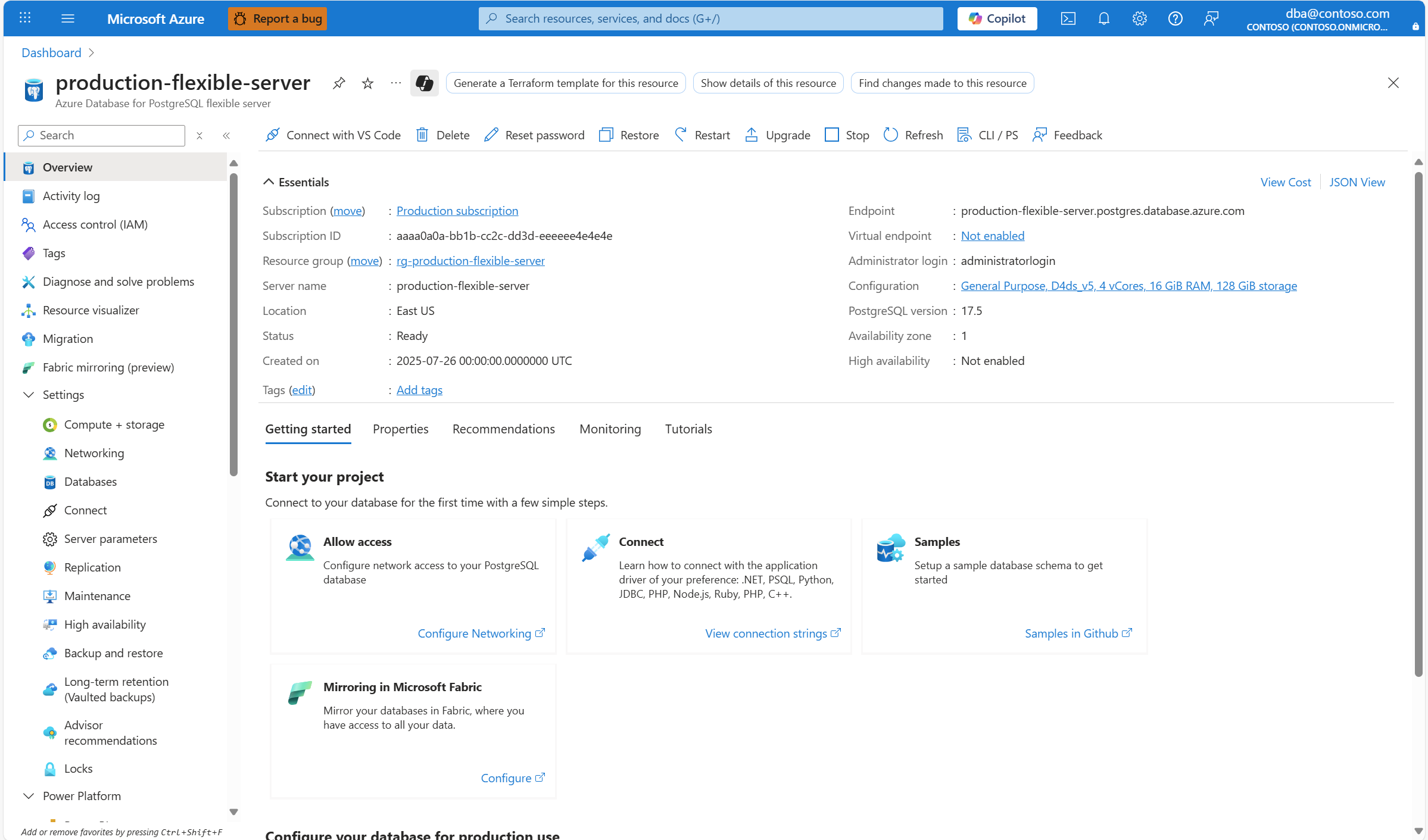 Screenshot showing the Overview page of the upgraded Azure Database for PostgreSQL flexible server, after major version upgrade, highlighting the name of the server.