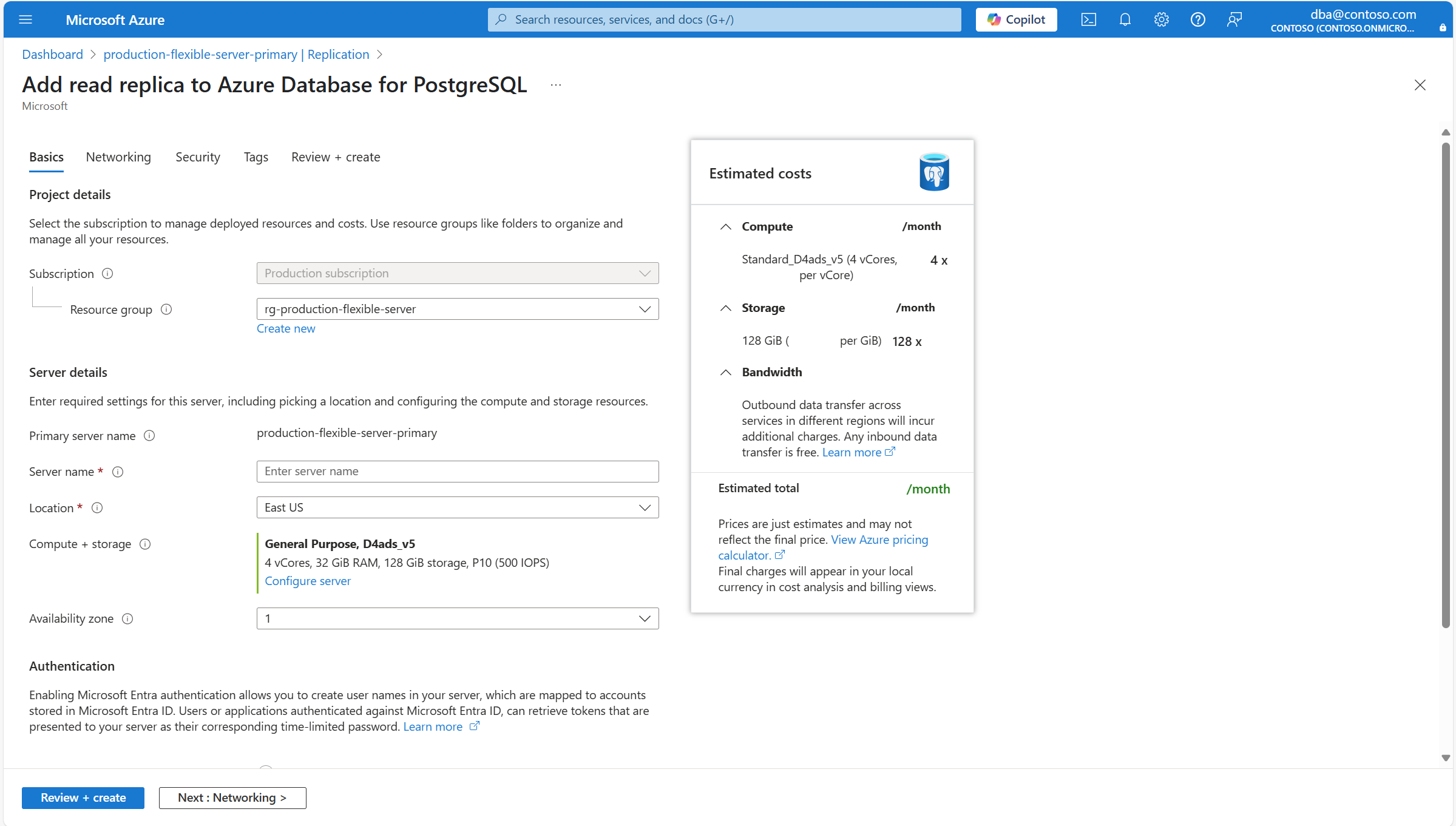 Screenshot showing the Add read replica to Azure Database for PostgreSQL wizard.