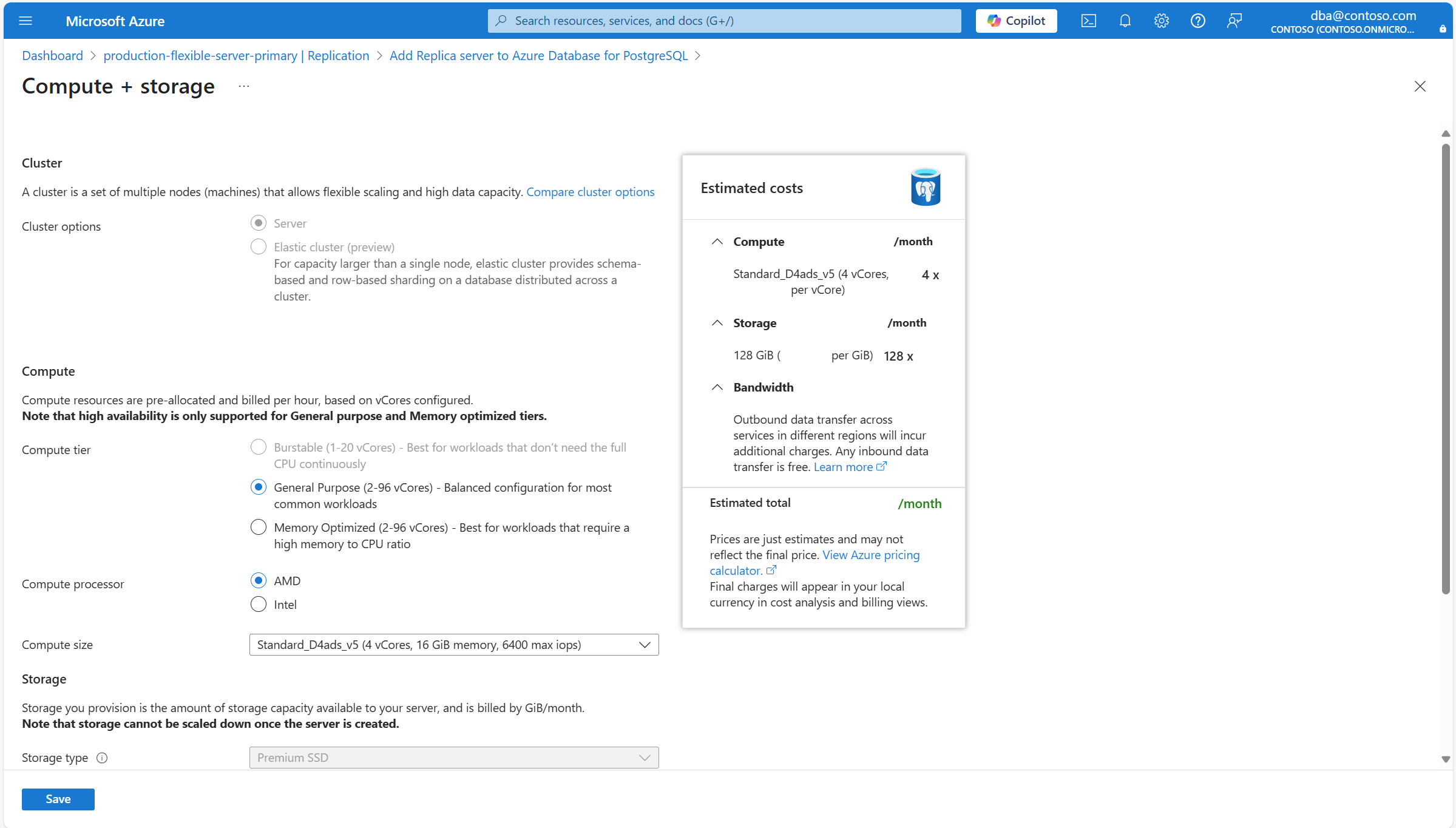 Screenshot showing the Compute + storage page.