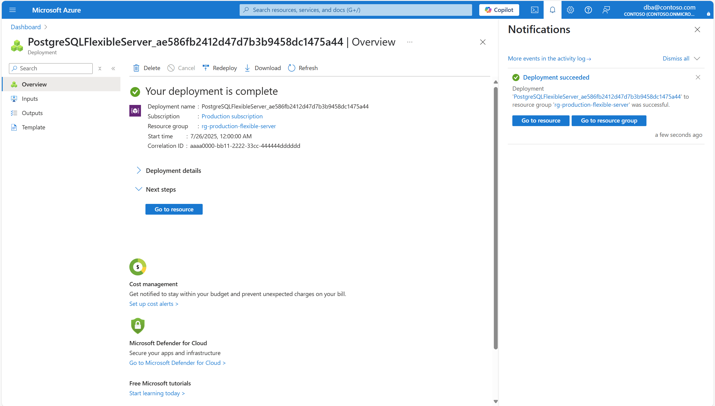 Screenshot that shows the deployment successfully completed of your Azure Database for PostgreSQL flexible server instance.