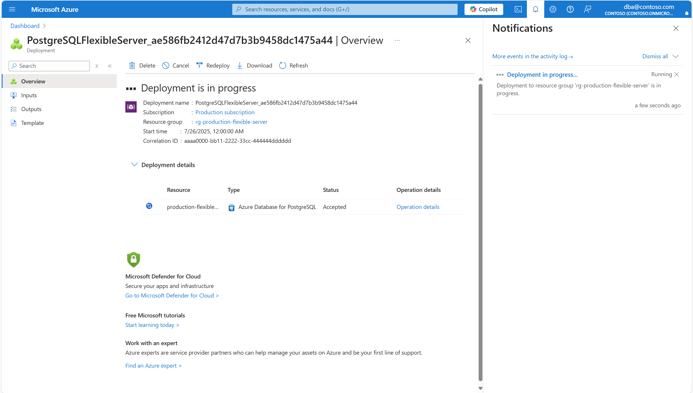 Screenshot that shows the deployment in progress to create your new Azure Database for PostgreSQL flexible server instance.