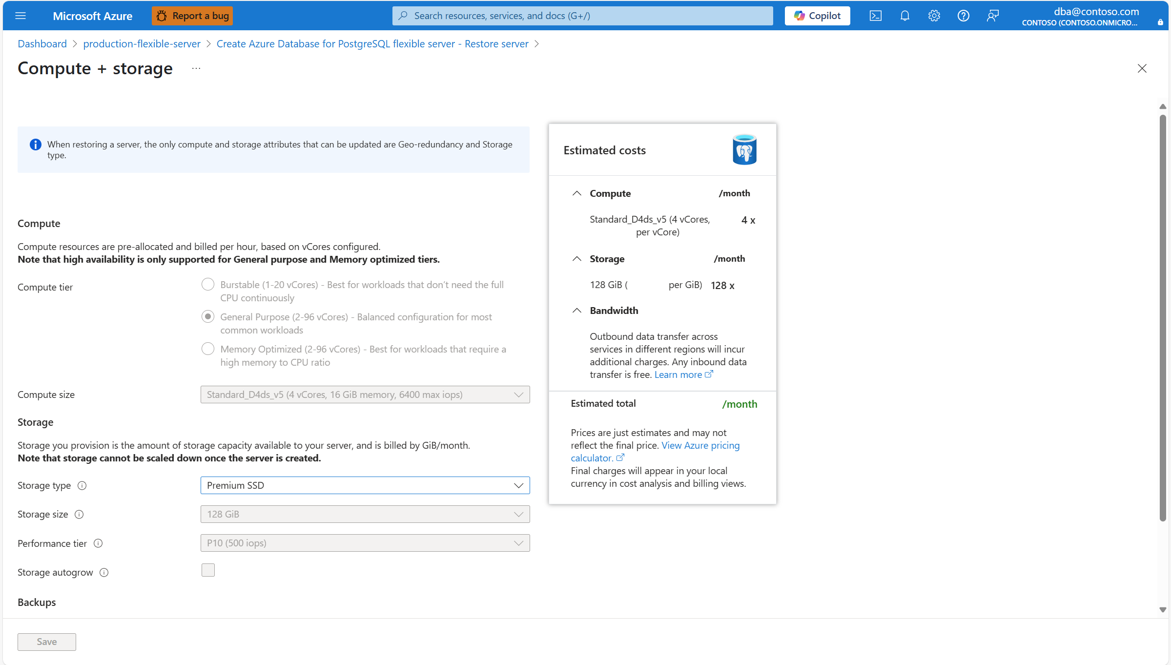 Screenshot showing the Compute + storage page.