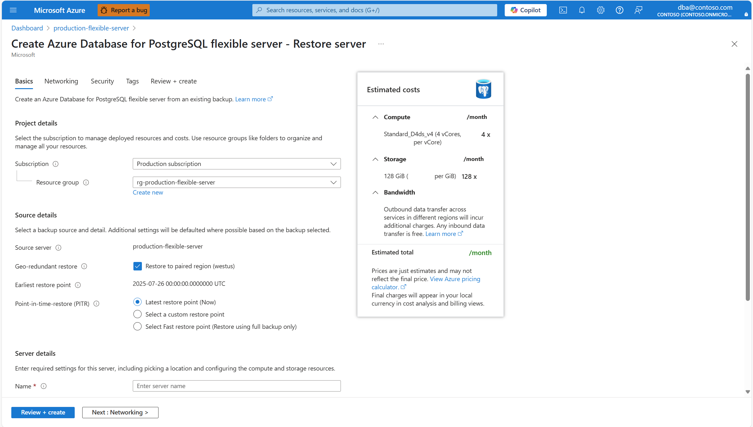 Screenshot showing the Geo-redundant restore option selected.