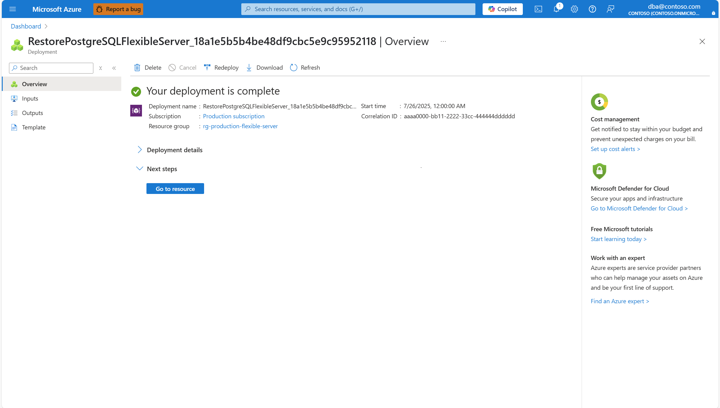 Screenshot that shows the deployment successfully completed of your Azure Database for PostgreSQL Flexible server.