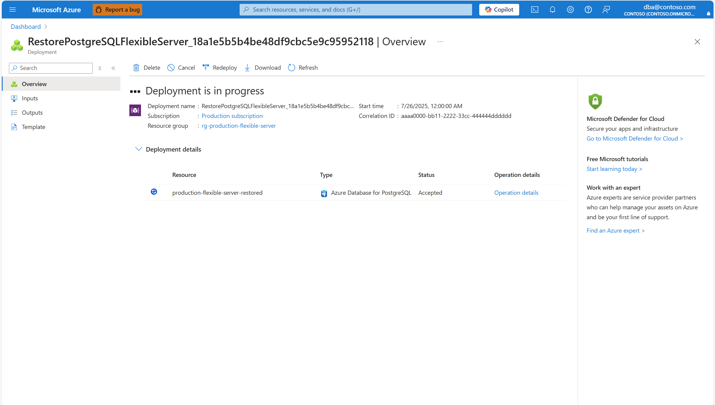Screenshot that shows the deployment in progress to create your new Azure Database for PostgreSQL Flexible server, on which the most recent data available on the source server is restored.