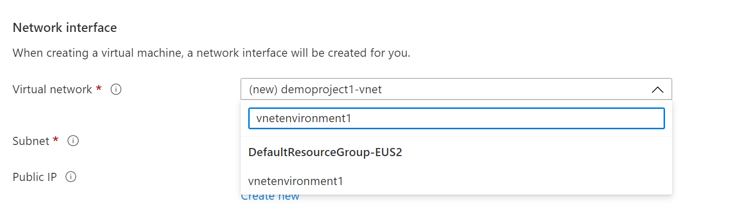 Screenshot of select existing virtual network of the database server.