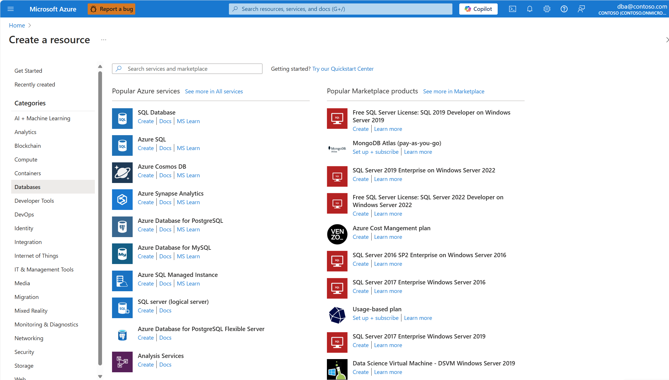 Screenshot that shows the Create link in the Azure Database for PostgreSQL resource type.