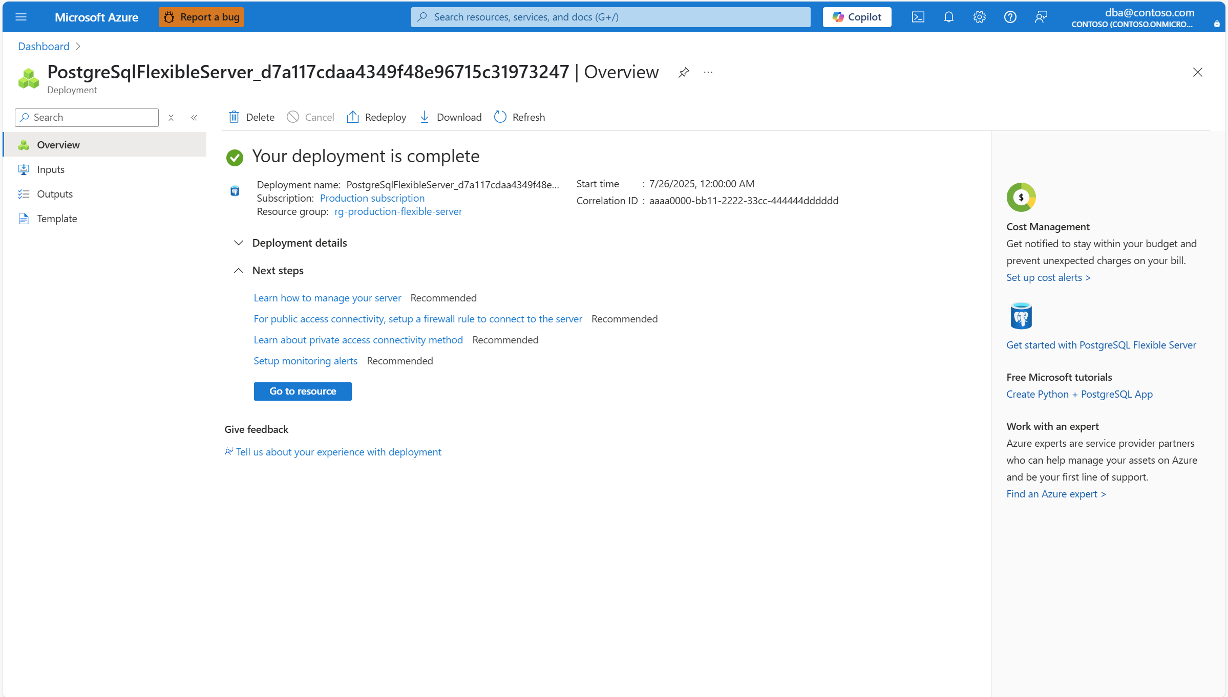 Screenshot that shows the deployment successfully completed of your Azure Database for PostgreSQL flexible server instance.