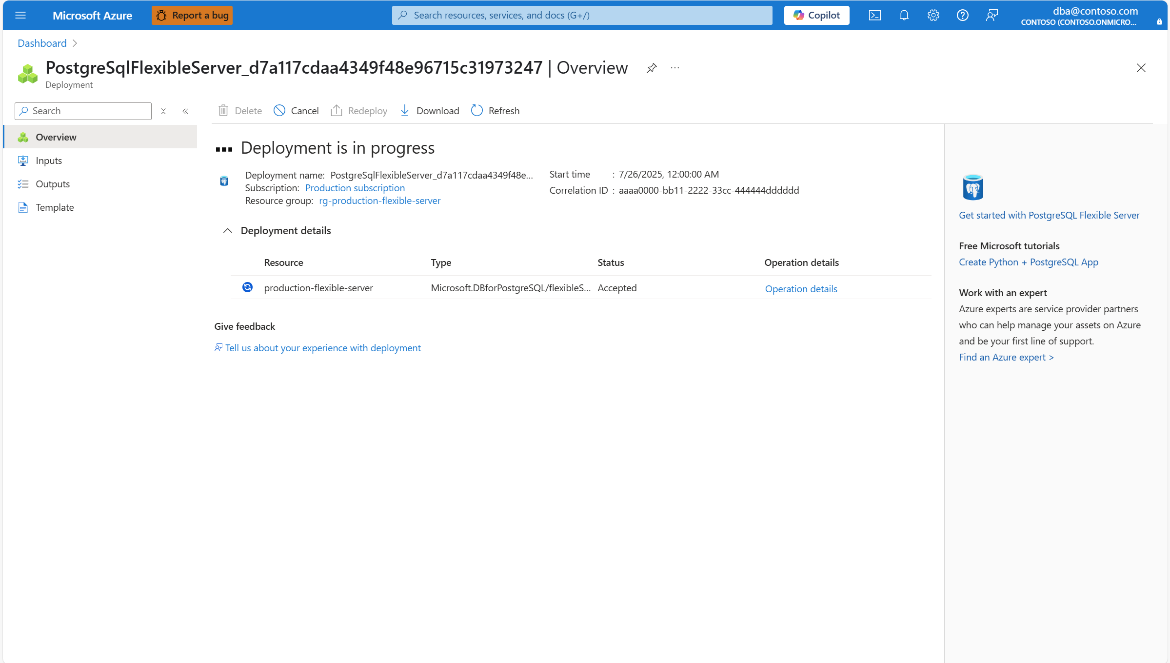 Screenshot that shows the deployment in progress to create your Azure Database for PostgreSQL flexible server instance.