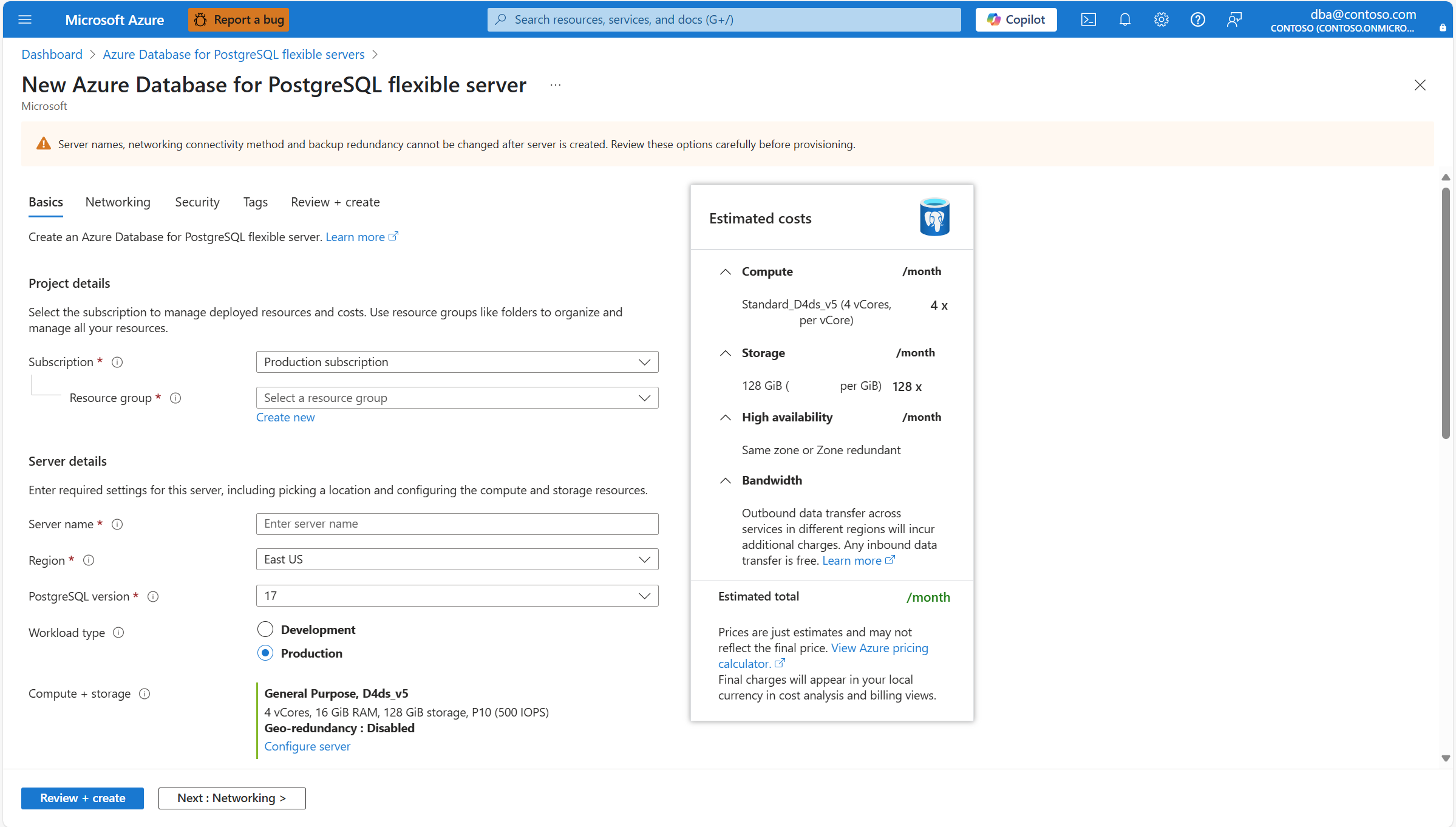 Screenshot that shows the Basics tab of the New Azure Database for PostgreSQL wizard to create a new instance.